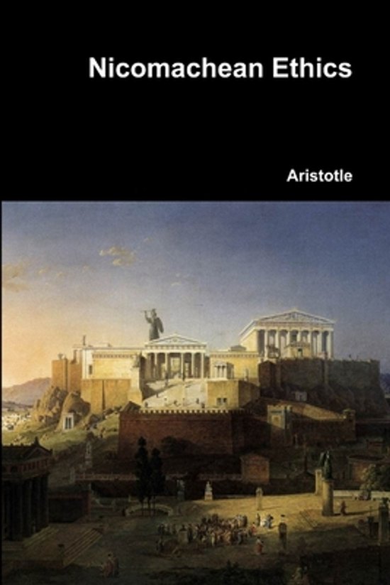 Boekomslag van "Nicomachean Ethics" door Aristotle, met een schilderij van de Akropolis.