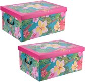 2x stuks opbergdoos/opberg box van karton met bloemen print roze 51 x 37 x 24 cm - Inhoud 45 liter - Doos met deksel en handvatten