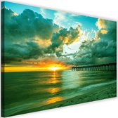 Schilderij Pier en zonsondergang, 2 maten, blauw/groen, Premium print