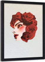Foto in frame , Vrouw met rozen als haar ,70x100cm , rood zwart  , wanddecoratie