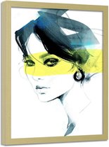 Foto in frame , Vrouw met gele streep op gezicht ,70x100cm , Zwart wit geel , wanddecoratie