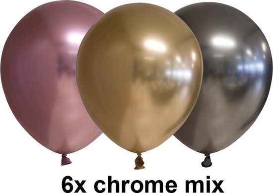 Chrome ballonnen, mix rose gold / goud / antraciet, 6 stuks, 30 cm