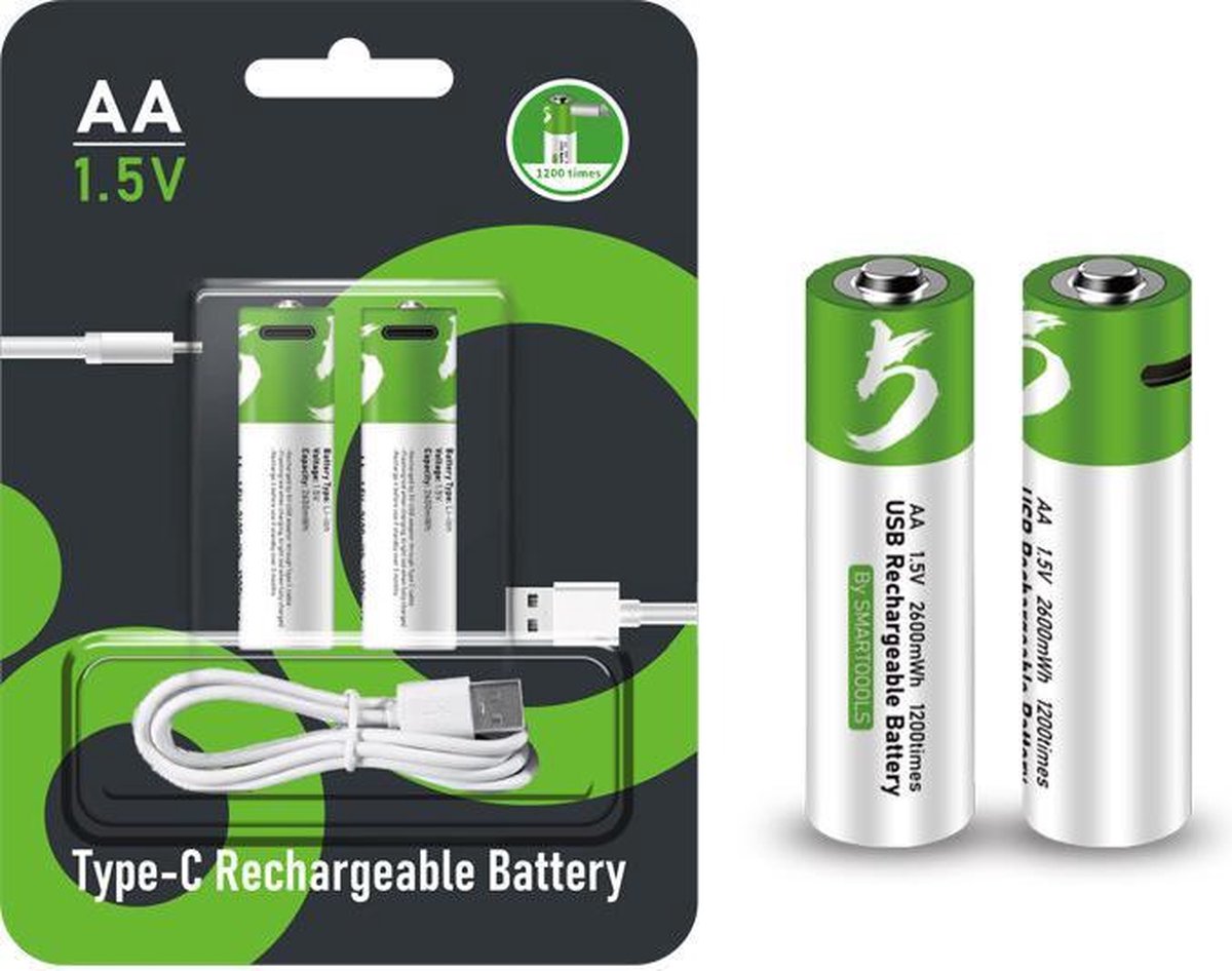 AA batterijen - 2x oplaadbare AA batterij - met usb-c oplaadsnoer /oplader - <1200x oplaadbaar cyclus