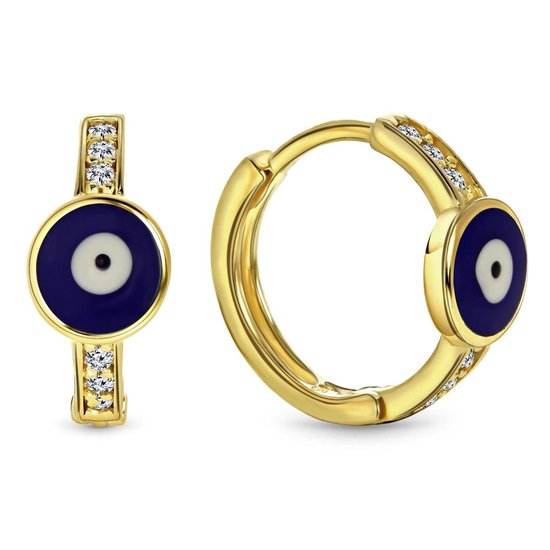 Juwelier Emo - Lucky Evil Eye Oorbellen Goud - 14 Karaat – Donker Blauw – Diameter 12mm