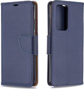Voor huawei p40 pro litchi textuur pure kleur horizontale flip pu lederen tas met houder en kaartsleuven en portemonnee en lanyard (donkerblauw)
