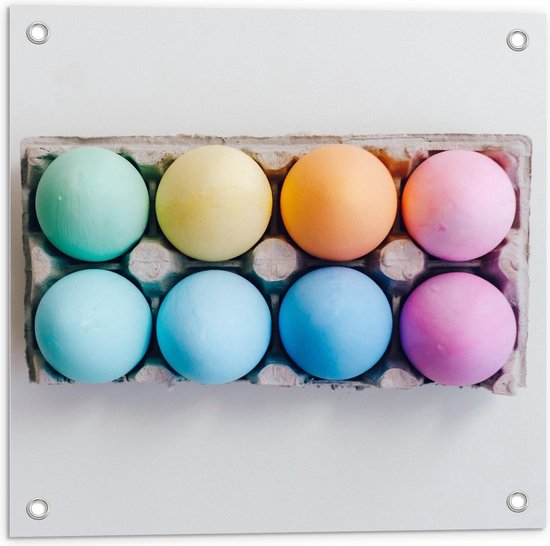 Tuinposter – Bovenaanzicht van Gekleurde Eieren in Eierdoos - 50x50cm Foto op Tuinposter  (wanddecoratie voor buiten en binnen)