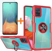 Samsung Galaxy A71 hoesje Luxe carbon TPU Backcover - Metalen Ring Houder - Rood met 2 pack screenprotector