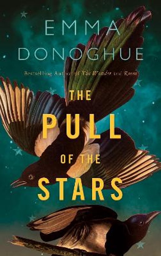Boekcover met twee vogels met zwarte, bruine en witte veren. Titel: The Pull of the Stars.