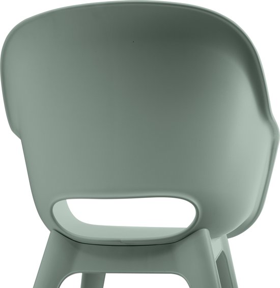Arrière d'une chaise vert menthe avec une ouverture ovale dans le dossier et quatre pieds.