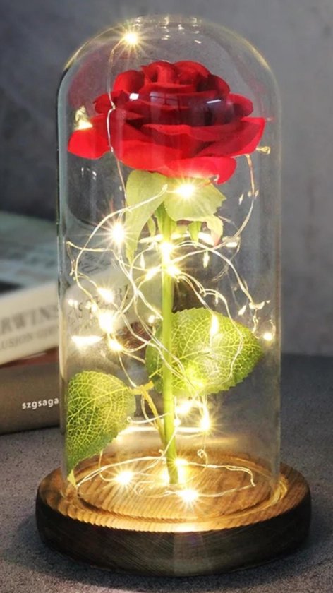 Zijde Roos in Glas Stolp Rose Kunstroos | Cadeau voor Mama| Vriendin | Vrouw| Oma| Belle en het Beest | Glazen | Rood - 22CM