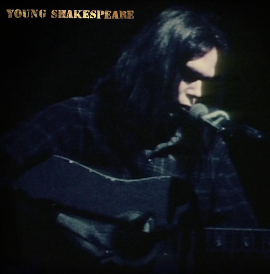Homme jeune aux longs cheveux, portant une chemise à carreaux, jouant de la guitare et chantant dans un microphone. Le texte "YOUNG SHAKESPEARE" est en haut.