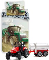 Dekbedovertrek groene Tractor - Eenpersoons - 140 x 200 cm - katoen- Boerderij dekbed- incl. Tractor speelset met Giertank.