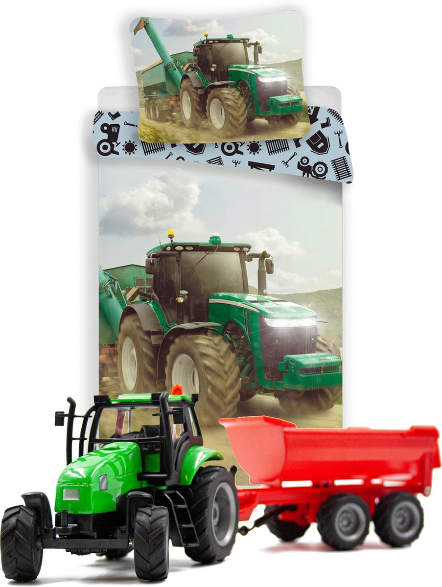 Dekbedovertrek groene Tractor - Eenpersoons - 140 x 200 cm - katoen- Boerderij dekbed- incl. Tractor speelset met Dumper.