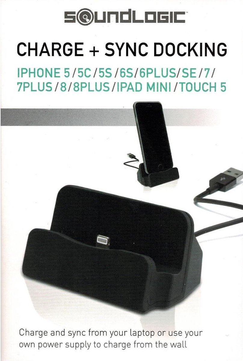 Soundlogic - Oplaad en synchroniseer station - Iphone 5 / 5C / 5S / 6S / 6Plus / SE / 7 / 7Plus / 8 / 8Plus / Ipad Mini / Touch 5 - Micro USB - Zwart