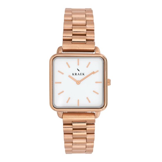 KRAEK Viënne Rosé Goud Met Witte Wijzerplaat 28 mm | Dames Horloge | Rosé gouden stalen horlogebandje | Vierkant | Minimaal Design | Schakelband