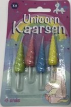 Unicorn kaarsen 4 stuks 8 cm hoog geel blauw roze groen