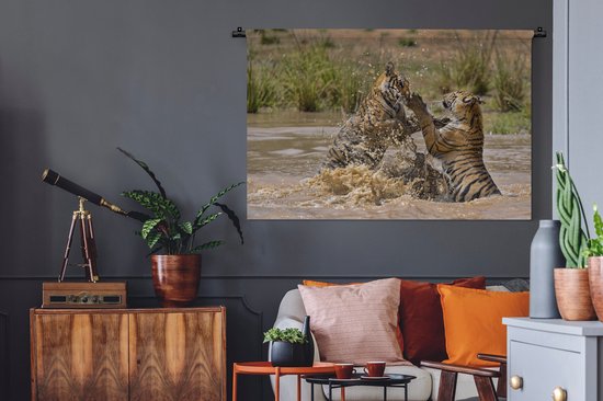 Tapisserie des habitants de la jungle - Jeunes tigres jouant dans l'eau Tapisserie en coton 150x100 cm - Tapisserie avec photo