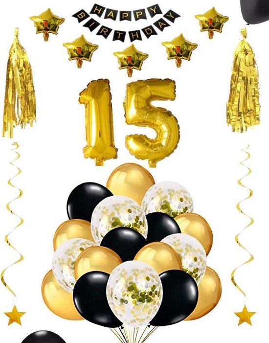 15 jaar verjaardag feest pakket Versiering Ballonnen voor feest 15 jaar. Ballonnen slingers sterren opblaasbare cijfers 15