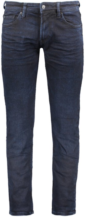 Donkerblauwe slim fit jeans met vijf zakken en lichte slijtage.