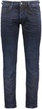 Donkerblauwe slim fit jeans met vijf zakken en lichte slijtage.