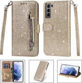 Glitter Bookcase voor Samsung Galaxy S21 | Hoogwaardig PU Leren Hoesje | Lederen Wallet Case | Telefoonhoesje | Pasjeshouder | Portemonnee | Goud