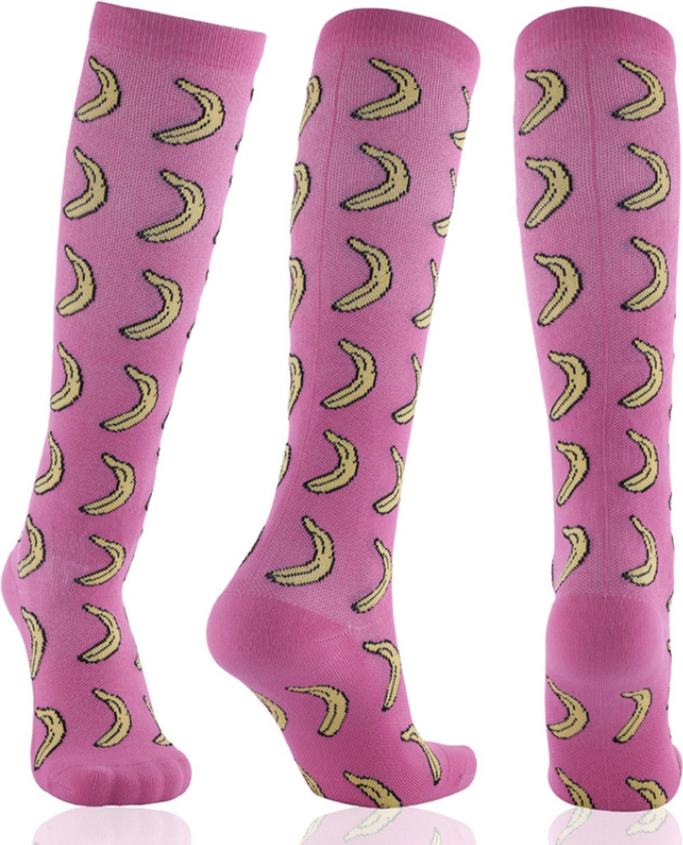 Compressiesokken / compressiekousen - compressie sokken / kousen - sport sokken - L / XL - roze - print banaan