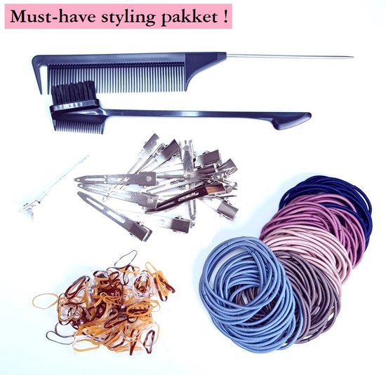 Haar kit set met kam, elastiekjes, sideburn edge brush en klipjes voor