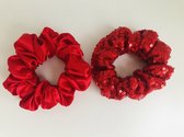 Set van 2 Satijn & Pailletten Scrunchies - Rood