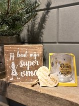 Cadeaupakket super oma inclusief houten hartje oma - tekstblok superoma - waterwijnglas oma - cadeau - verjaardag - moederdag cadeautje