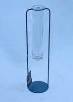Mica glazen Buis vaasje in metalen houder, kleur Petrol. H 27 cm, Ø 7 cm