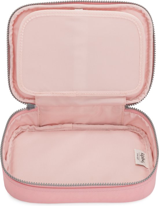 Open roze etui met lichtroze voering, met vakjes voor pennen.