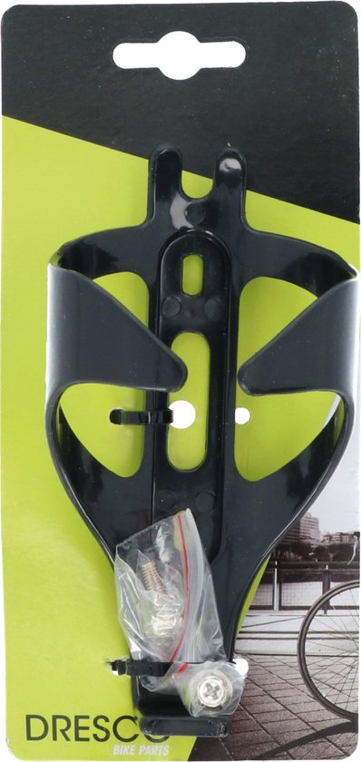 Zwarte bidonhouder op gele verpakking met tekst 'Dresco Bike Parts'.