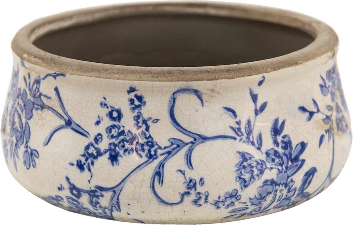 Clayre & Eef Bloempot Ø 21x8 cm Blauw Wit Keramiek Bloemen