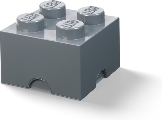 Grijze LEGO opbergdoos met vier noppen op een witte achtergrond.