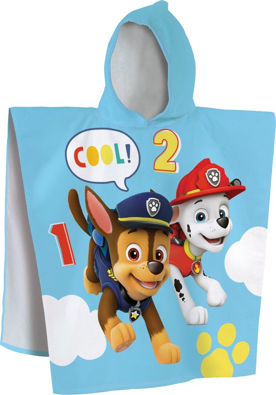 Poncho De Bain Paw Patrol à Capuche Pour Enfant - Bleu 60 X 120 Cm 100% Coton Velours - Serviette De Bain Avec Chase, Marshall Et Skye