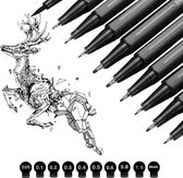 Set van 10 Zwarte Micron Pigment FineLiners| Tekenpennen voor Volwassenen|9 Fineliners Zwart + 1 Zwarte Brush Tekenpen | Drawing Pen | Zwarte Liner Schrijfpen - Schetspen - Tekenenpen - Kalligrafeerpen - Inktstiften