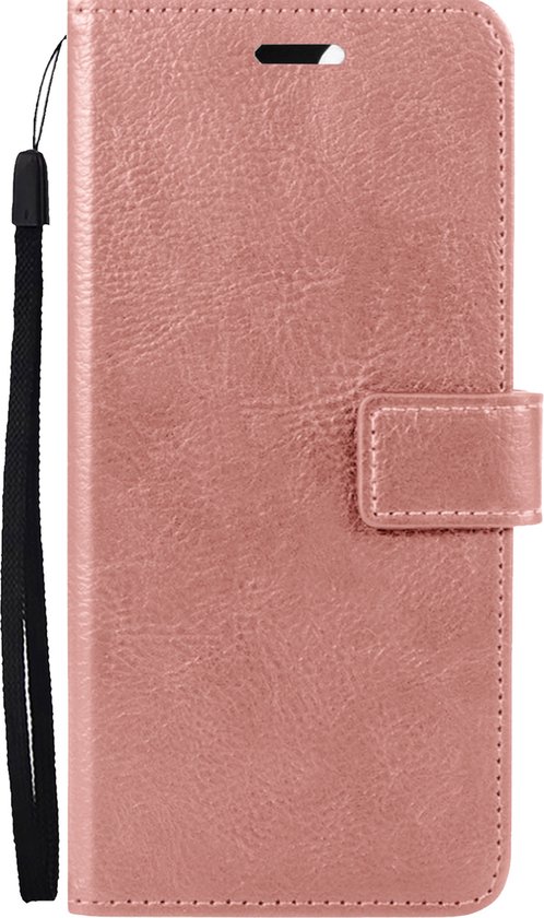 Roze kunstleren telefoonhoesje met polsbandje, geschikt voor Samsung Galaxy S21 FE.