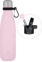 Wattamula Design eco RVS drinkfles - pastel roze - extra dop met rietje en carrier - 500 ml - waterfles - thermosfles - sport