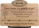 Succes - gepersonaliseerde houten wenskaart - kaart van hout om iemand geluk te wensen - gelukskaart met eigen tekst