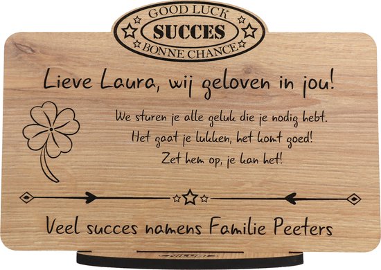 Succes - gepersonaliseerde houten wenskaart - kaart van hout om iemand geluk te wensen - gelukskaart met eigen tekst