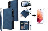 Luxe Telefoonhoesje voor Samsung Galaxy S22 Ultra | Hoogwaardig Leren Bookcase | Lederen Wallet Case | Luxe Uitstraling | Pasjeshouder 6 pasjes | Portemonnee | Rits | Blauw + 1x Sc