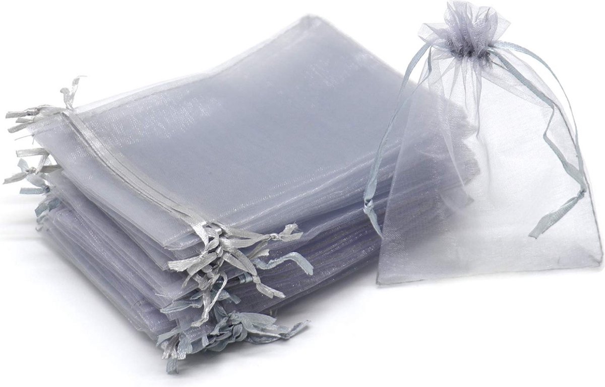 Fako Bijoux - 100 Organza Zakjes - 7x9 cm - Feestzakjes - Snoepzakjes - Cadeauzakjes - Uitdeelzakjes - Sieradenzakjes - Grijs - 7x9cm - 100 Stuks