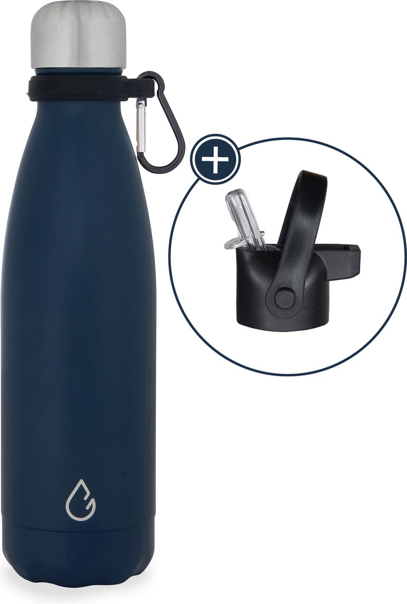 Wattamula Design eco RVS drinkfles - donkerblauw - extra dop met rietje en carrier - 500 ml - waterfles - thermosfles - sport