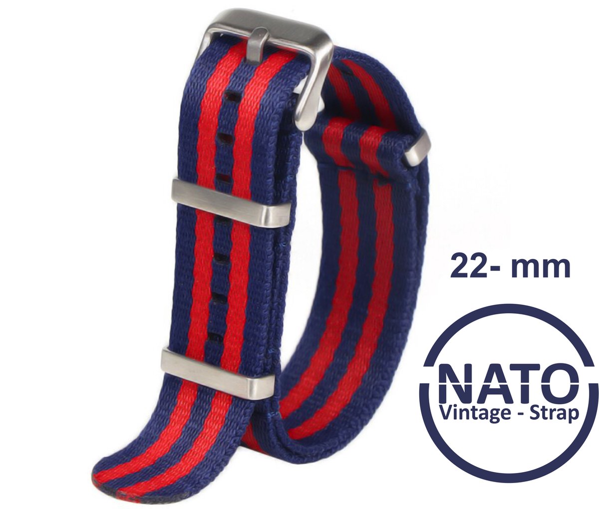 22mm Nato Strap BLAUW, ROOD Gestreept - Vintage James Bond - Nato Strap collectie - Mannen - Horlogebanden - 22 mm bandbreedte