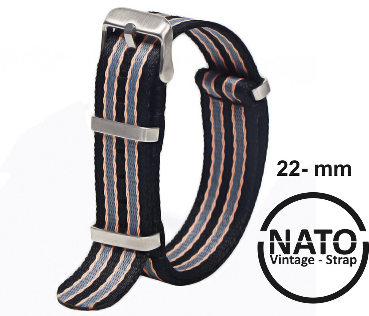 22mm Nato Strap ZWART GRIJS Gestreept - Vintage James Bond - Nato Strap collectie - Mannen - Horlogebanden - 22 mm bandbreedte