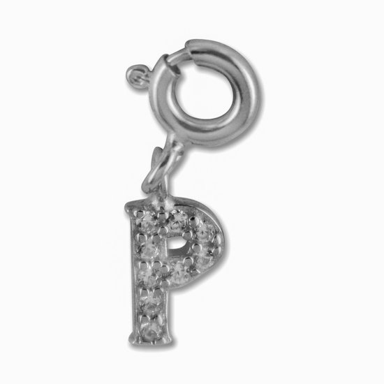 Silventi 9SIL-22018 Zilveren Letterhanger - Zirkonia - Letter - P - 7 x 4,5 mm - Veerring - Rhodium - Zilver