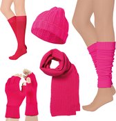 Carnaval Voordeelpakket Neon Roze | Muts | Sjaal | Sokken | Beenwarmers | Vingerloze handschoenen | 5 stuks | Carnavalskleding | Apollo