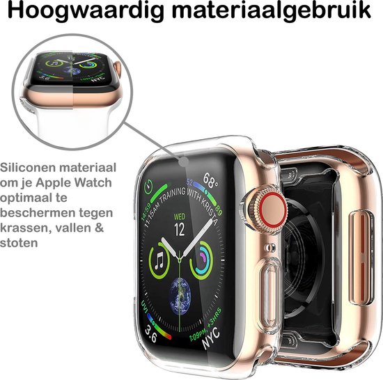 Transparante siliconen Apple Watch bumper met gouden rand en klok face. Beschermt tegen krassen, vallen en stoten.
