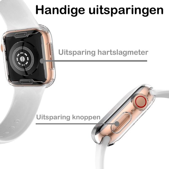 Een doorzichtige Apple Watch beschermhoes met uitsparingen voor de hartslagsensor en knoppen.