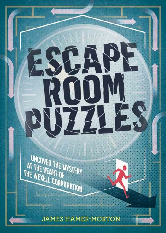 Livre 'Escape Room Puzzles' sur fond de labyrinthe. Une figure stylisée court hors d'une porte.